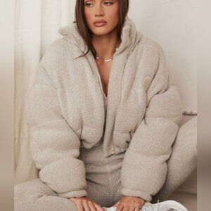 House of CB Pascal Opal Open Knit C Shape Puffer Crop Jacket , XS